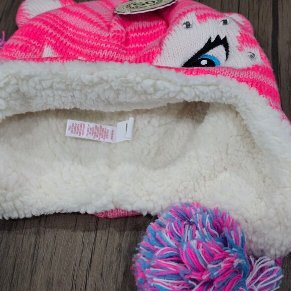 SO ✦ Pink Fox Critter Hat ✦ Kids Fleece-Lined Pom Ears Striped Winter Beanie S - Picture 7 of 10